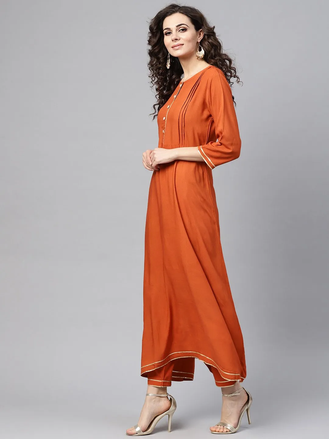 Rust Orange A-Line Kurta Set With Pants & Bhagalpuri Printed Dupatta