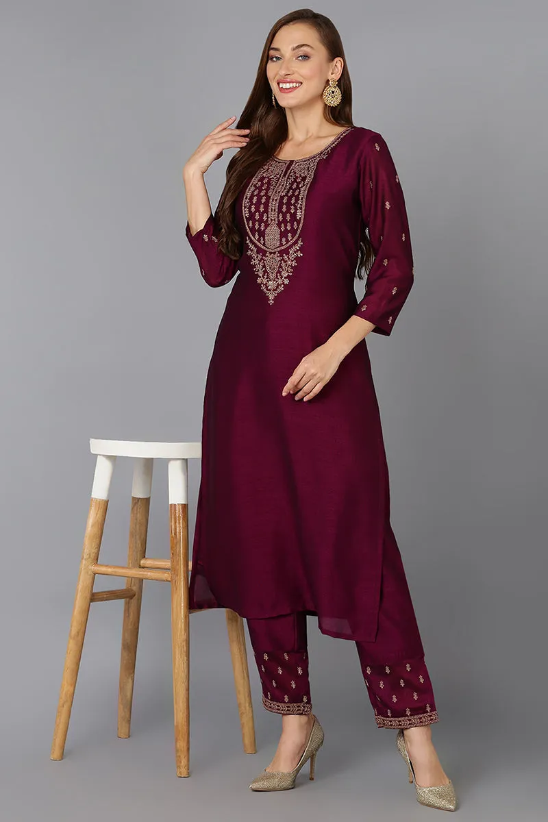 Silk Blend Wine Embroidered Kurta With Pant
