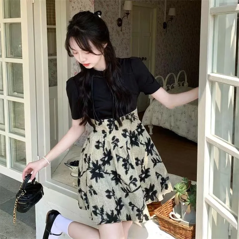 Slimming Retro A-Line Skirt Belly-Covering Faux Two-Piece Dress