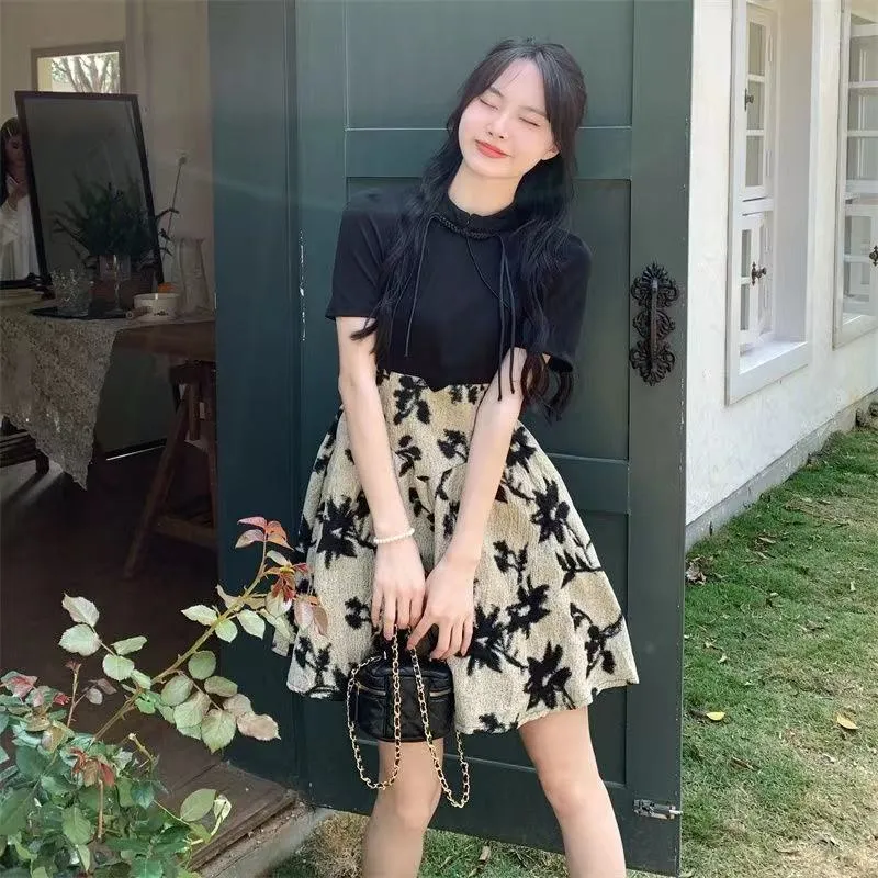 Slimming Retro A-Line Skirt Belly-Covering Faux Two-Piece Dress