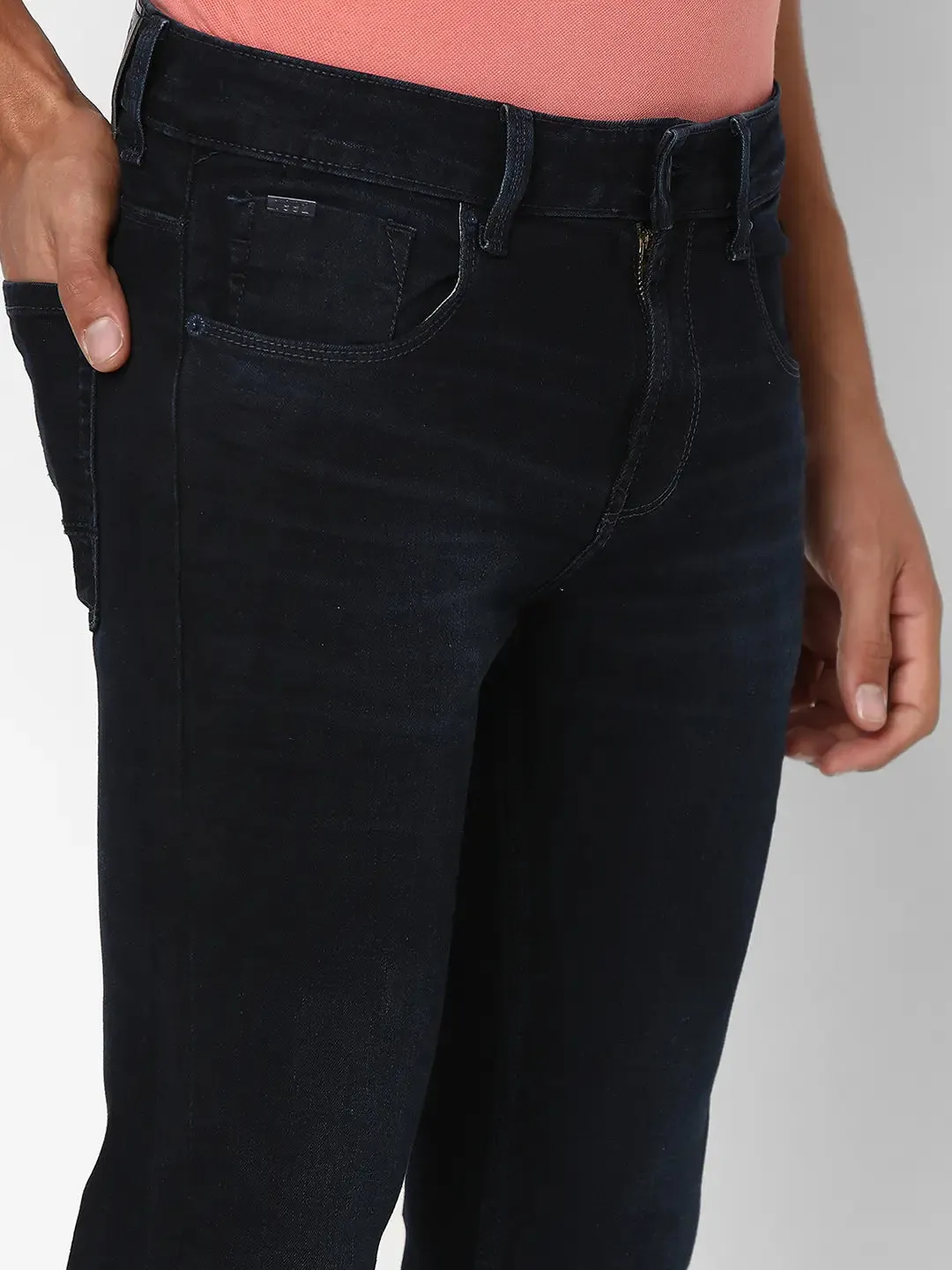 Spykar Men Dark Blue Cotton Slim Fit Tapered Length Clean Look Mid Rise Stretchable Jeans (Kano)