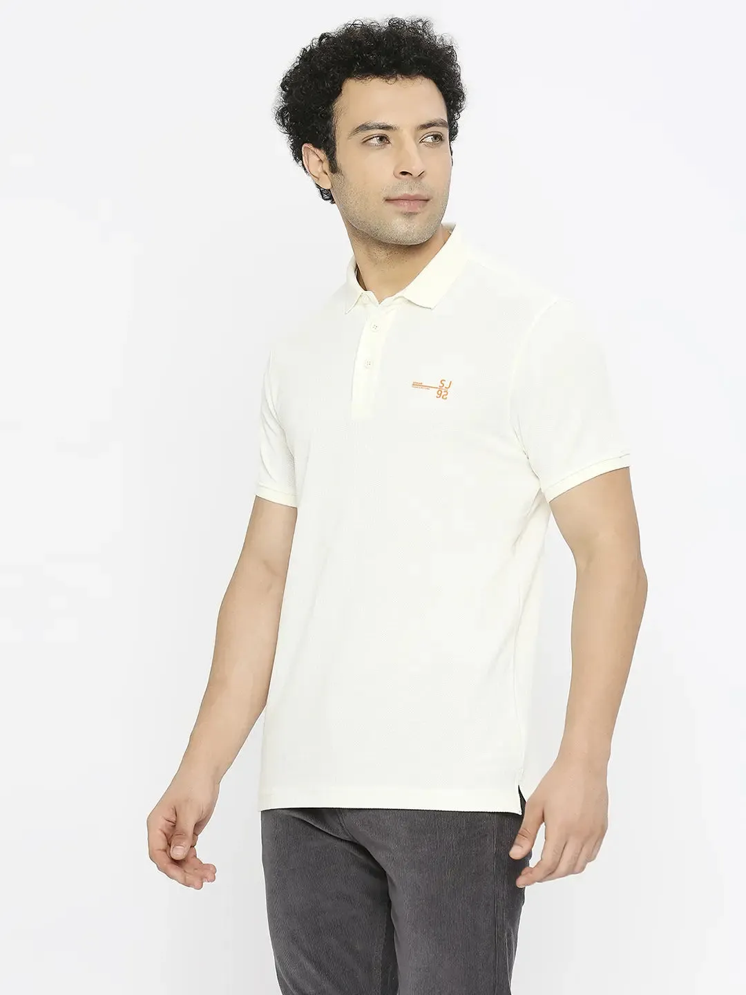 Spykar Men Ecru Cotton Regular Fit Half Sleeve Plain Polo Tshirt