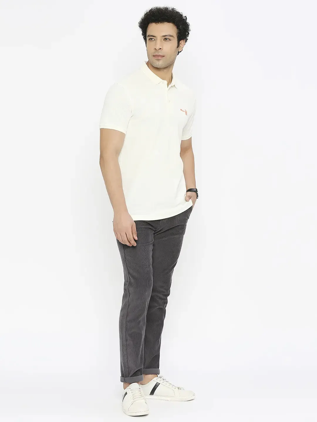 Spykar Men Ecru Cotton Regular Fit Half Sleeve Plain Polo Tshirt