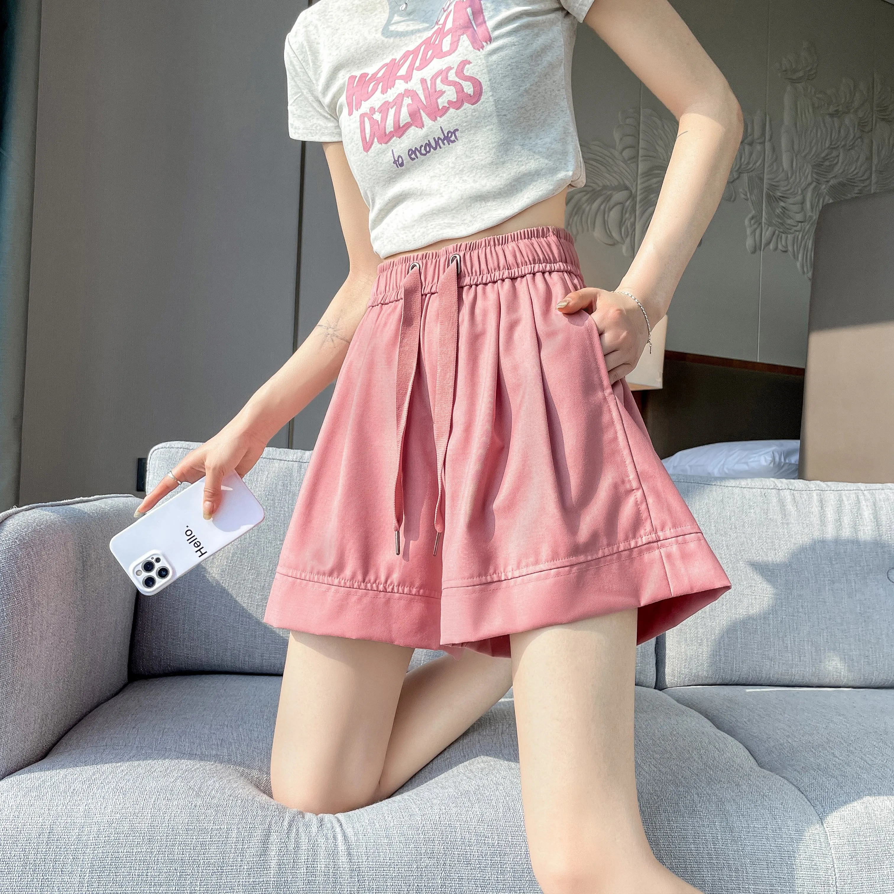 Thin Wide-Leg High-Waisted Loose-Fit Silky Drawstring Waist Sports Shorts