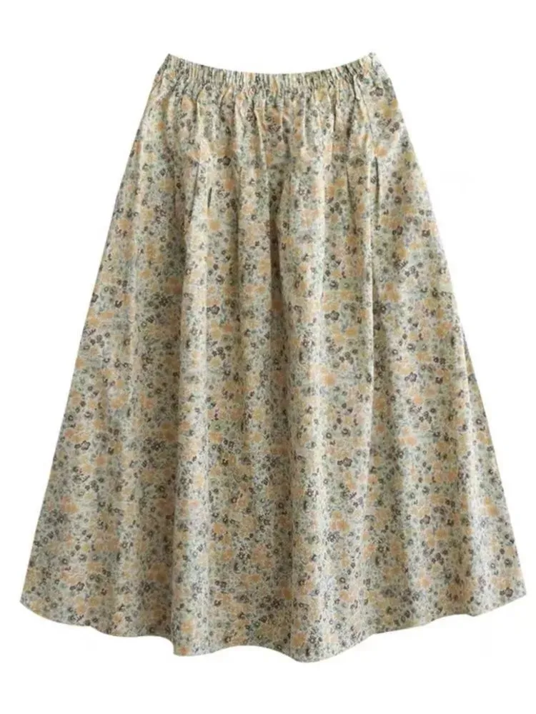 Toleet-Johnature Women Vintage Print Floral Skirts Elastic Waist Sweet Clothes 2023 Summer New Cotton Linen Women Casual A-Line Skirts