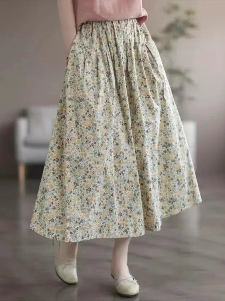 Toleet-Johnature Women Vintage Print Floral Skirts Elastic Waist Sweet Clothes 2023 Summer New Cotton Linen Women Casual A-Line Skirts