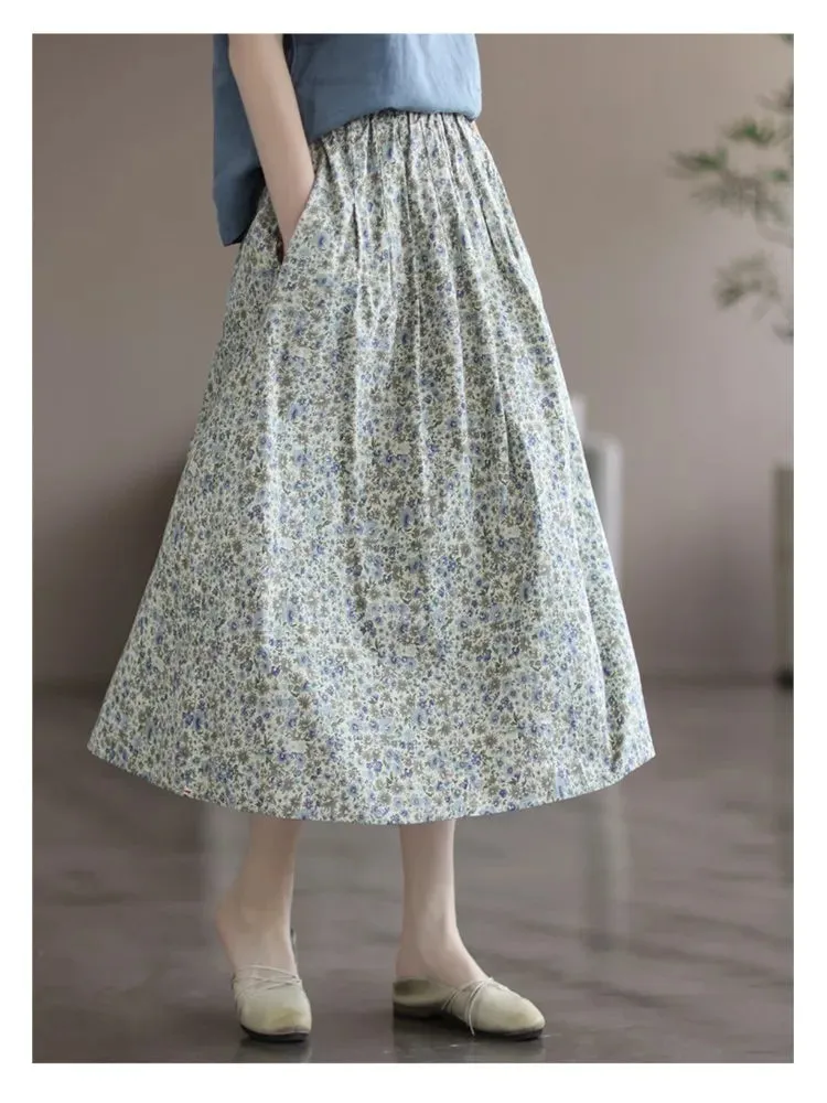 Toleet-Johnature Women Vintage Print Floral Skirts Elastic Waist Sweet Clothes 2023 Summer New Cotton Linen Women Casual A-Line Skirts