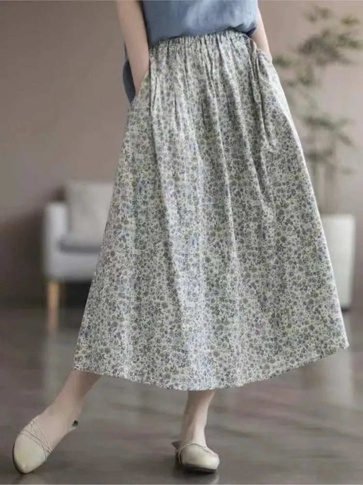 Toleet-Johnature Women Vintage Print Floral Skirts Elastic Waist Sweet Clothes 2023 Summer New Cotton Linen Women Casual A-Line Skirts