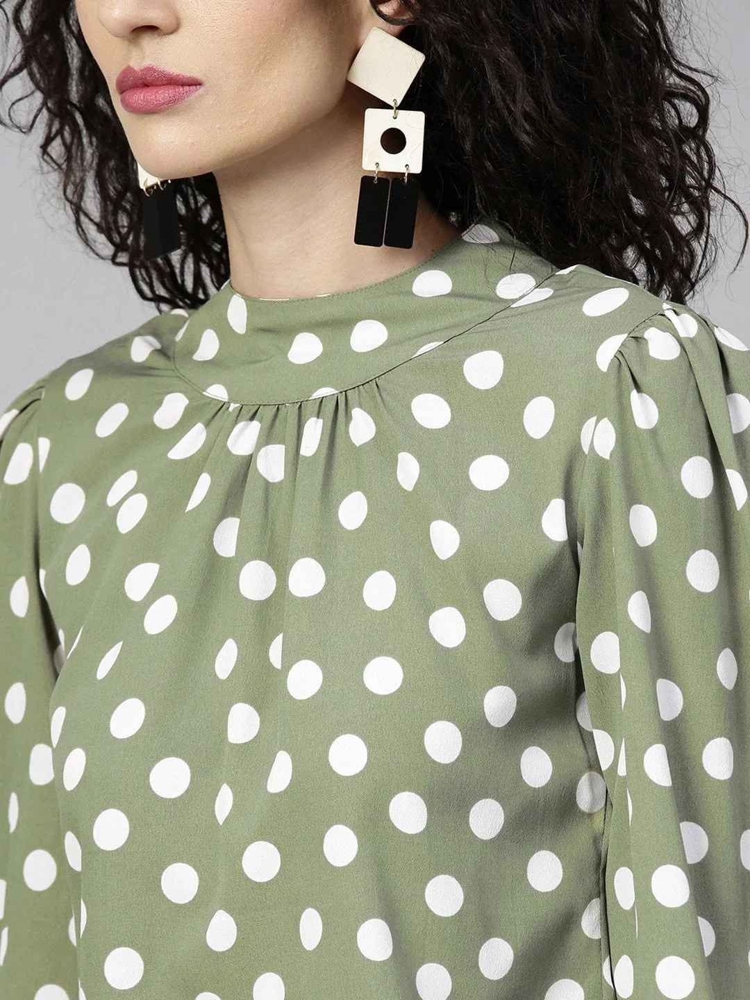 Women Olive Green & White Printed Top With Trousers