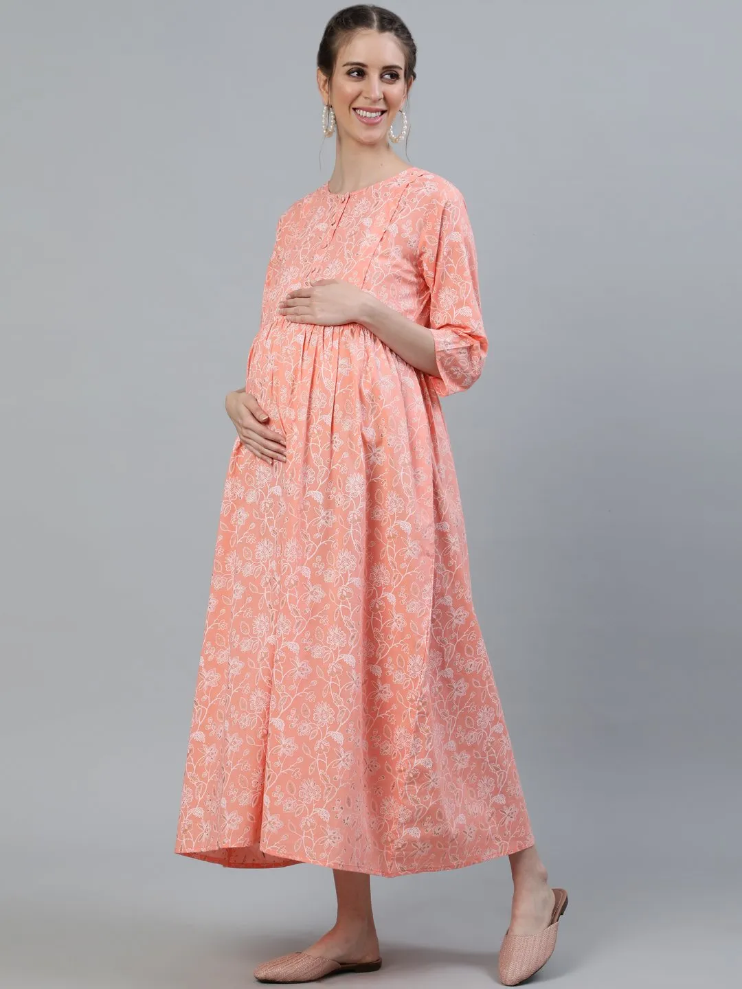 Women Peach & Gold Printed Maternity Dress With Three Quarter Sleeves & Dupatta