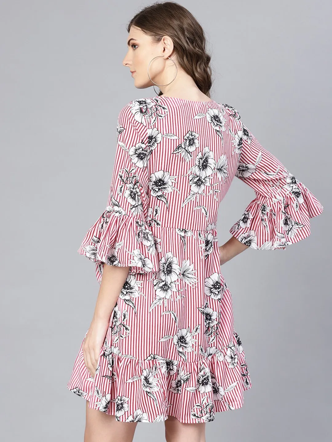 Women's Pink Stylish Bell Sleeve Cute Crepe Dress