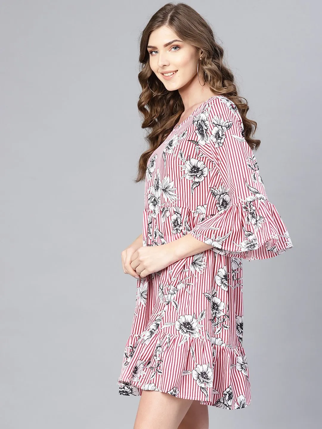 Women's Pink Stylish Bell Sleeve Cute Crepe Dress