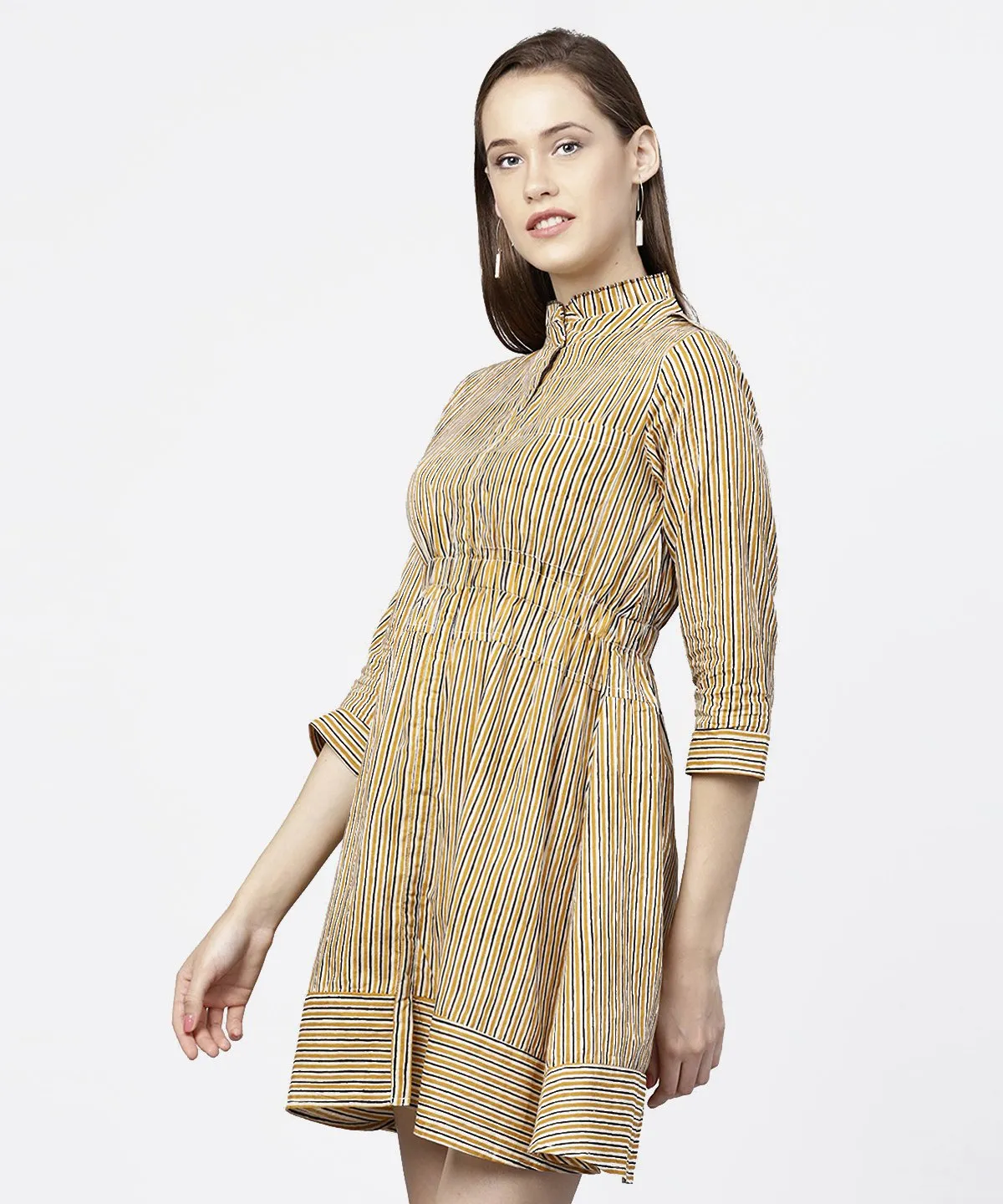 Yellow 3/4Th Sleeve Striped Cotton Dress